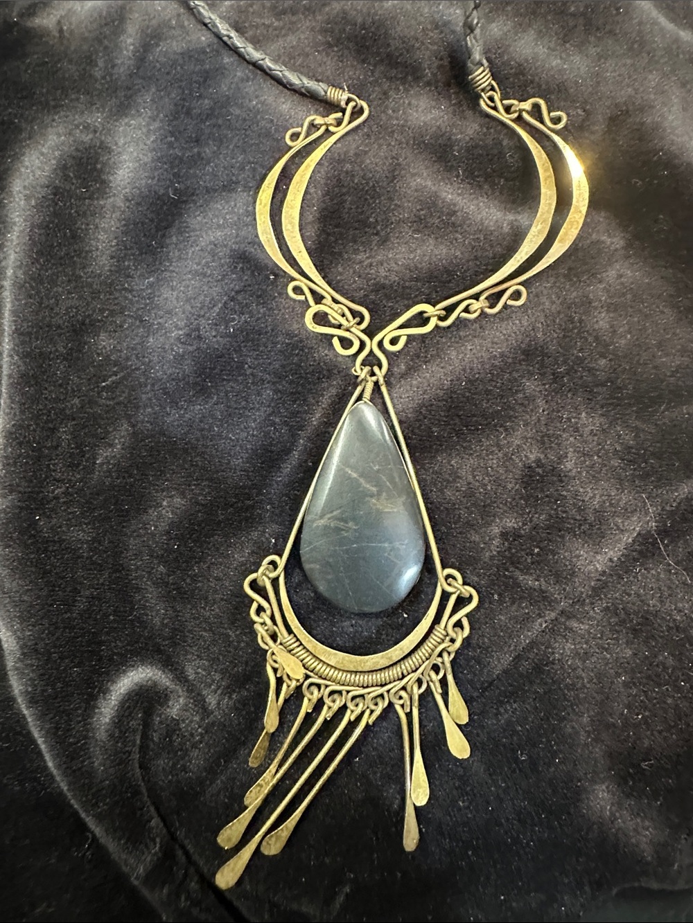 Bohemian Brass Teardrop Pendant Necklace with Black Stone